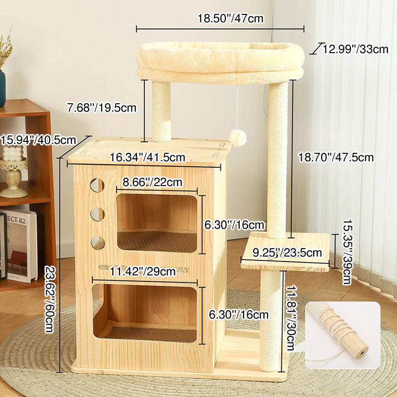 Contemporary Scandinavian Rectangular Pine Wood Velvet Fabric Cotton Rope Cat Tree 4-Tier For Living Room