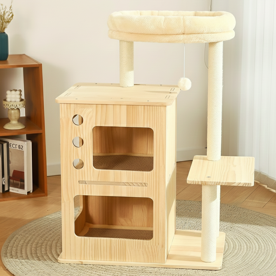 Contemporary Scandinavian Rectangular Pine Wood Velvet Fabric Cotton Rope Cat Tree 4-Tier For Living Room