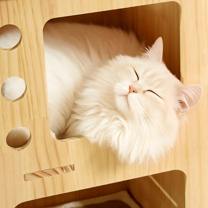 Contemporary Scandinavian Rectangular Pine Wood Velvet Fabric Cotton Rope Cat Tree 4-Tier For Living Room