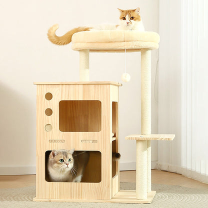 Contemporary Scandinavian Rectangular Pine Wood Velvet Fabric Cotton Rope Cat Tree 4-Tier For Living Room