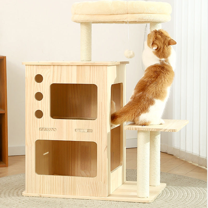 Contemporary Scandinavian Rectangular Pine Wood Velvet Fabric Cotton Rope Cat Tree 4-Tier For Living Room