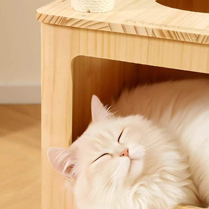 Contemporary Scandinavian Rectangular Pine Wood Velvet Fabric Cotton Rope Cat Tree 4-Tier For Living Room