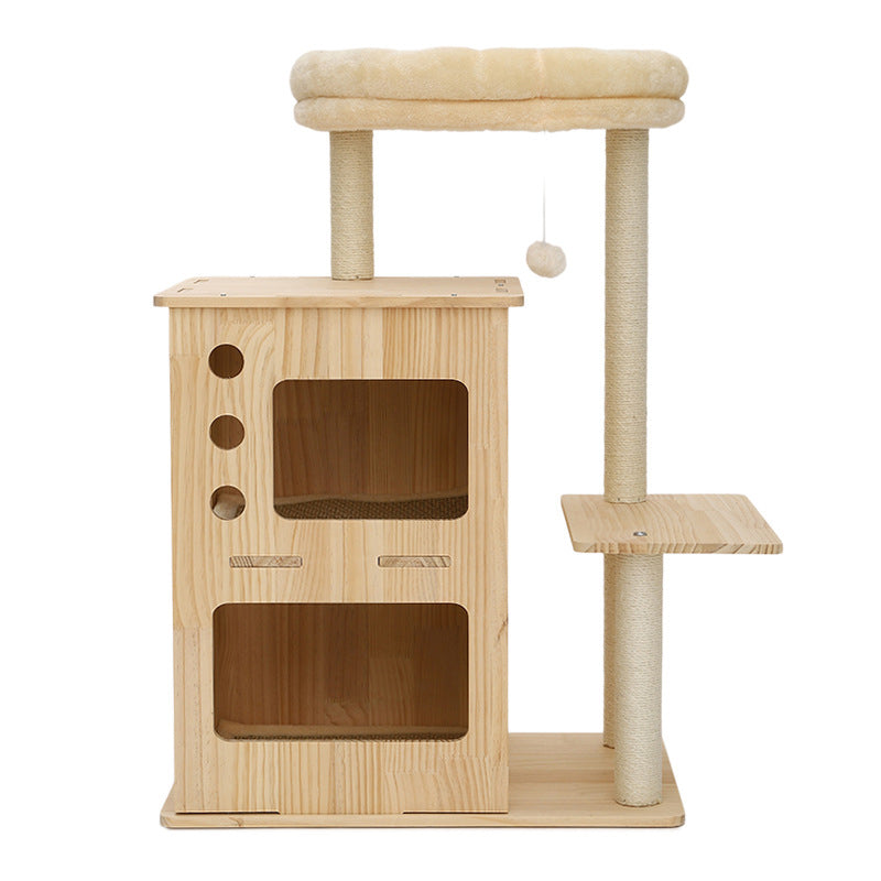 Contemporary Scandinavian Rectangular Pine Wood Velvet Fabric Cotton Rope Cat Tree 4-Tier For Living Room