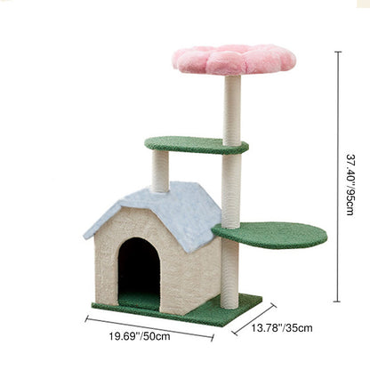 Contemporary Creative Round Floral-Patterned Medium-Density Fiberboard Velvet Fabric Cat Tree 3-Tier For Living Room