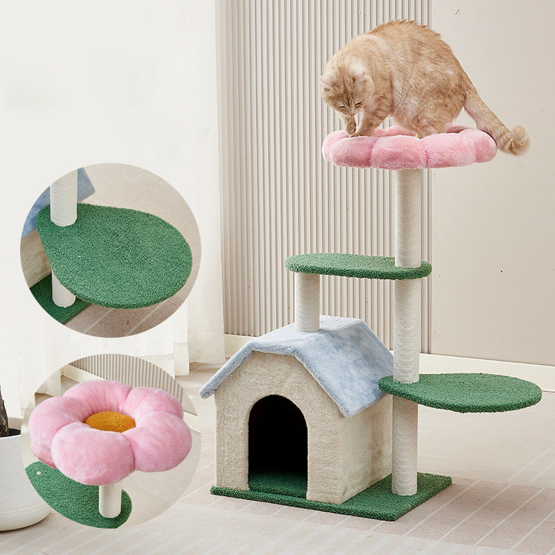 Contemporary Creative Round Floral-Patterned Medium-Density Fiberboard Velvet Fabric Cat Tree 3-Tier For Living Room