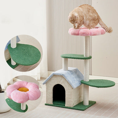 Contemporary Creative Round Floral-Patterned Medium-Density Fiberboard Velvet Fabric Cat Tree 3-Tier For Living Room