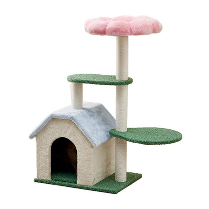 Contemporary Creative Round Floral-Patterned Medium-Density Fiberboard Velvet Fabric Cat Tree 3-Tier For Living Room