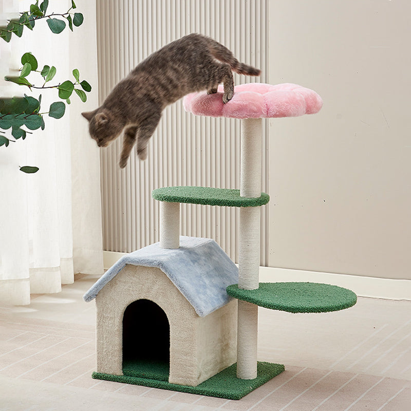 Contemporary Creative Round Floral-Patterned Medium-Density Fiberboard Velvet Fabric Cat Tree 3-Tier For Living Room