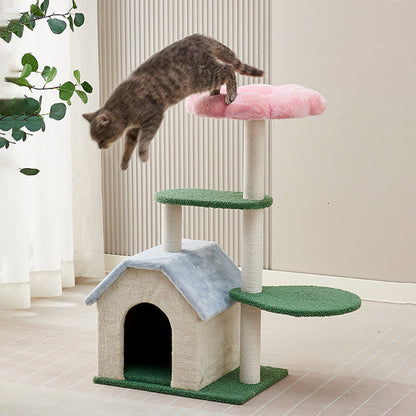 Contemporary Creative Round Floral-Patterned Medium-Density Fiberboard Velvet Fabric Cat Tree 3-Tier For Living Room