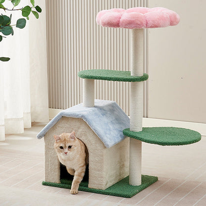 Contemporary Creative Round Floral-Patterned Medium-Density Fiberboard Velvet Fabric Cat Tree 3-Tier For Living Room