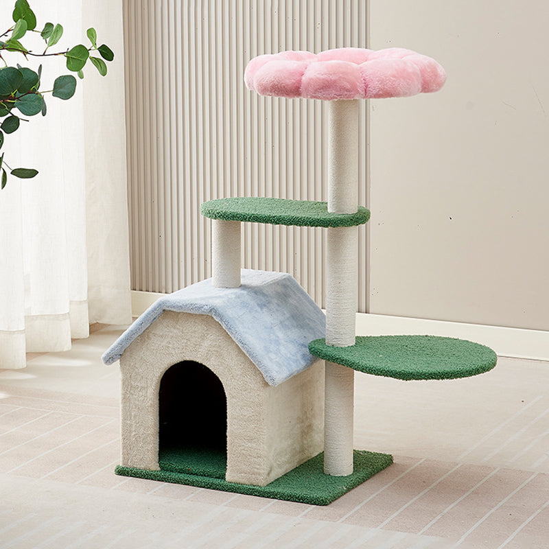 Contemporary Creative Round Floral-Patterned Medium-Density Fiberboard Velvet Fabric Cat Tree 3-Tier For Living Room