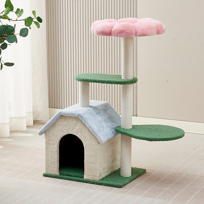 Contemporary Creative Round Floral-Patterned Medium-Density Fiberboard Velvet Fabric Cat Tree 3-Tier For Living Room