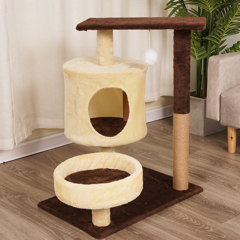 Contemporary Scandinavian Round Medium-Density Fiberboard Velvet Fabric Cat Tree 3-Tier For Living Room