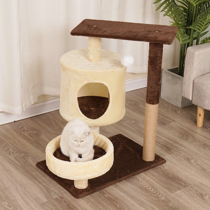 Contemporary Scandinavian Round Medium-Density Fiberboard Velvet Fabric Cat Tree 3-Tier For Living Room