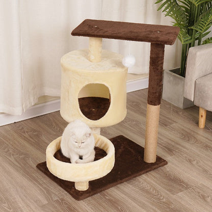 Contemporary Scandinavian Round Medium-Density Fiberboard Velvet Fabric Cat Tree 3-Tier For Living Room