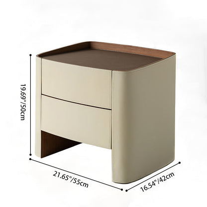 Modern Luxury Beige Nightstand: Floating Design & Saddle Leather Finish - Double Drawer Bedside Table For Bedroom