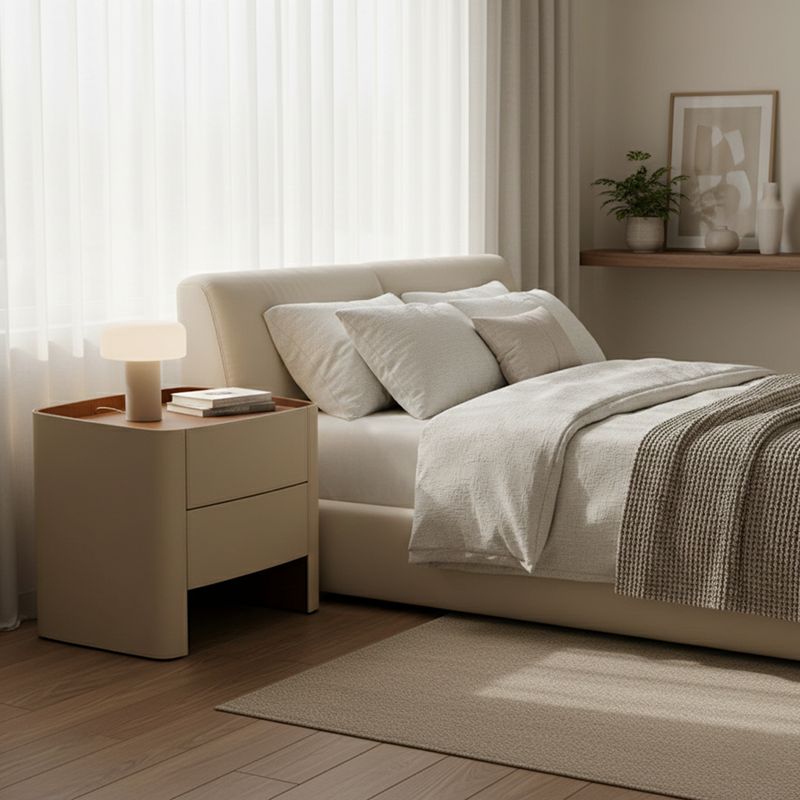 Modern Luxury Beige Nightstand: Floating Design & Saddle Leather Finish - Double Drawer Bedside Table For Bedroom