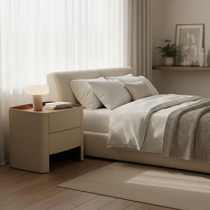Modern Luxury Beige Nightstand: Floating Design & Saddle Leather Finish - Double Drawer Bedside Table For Bedroom