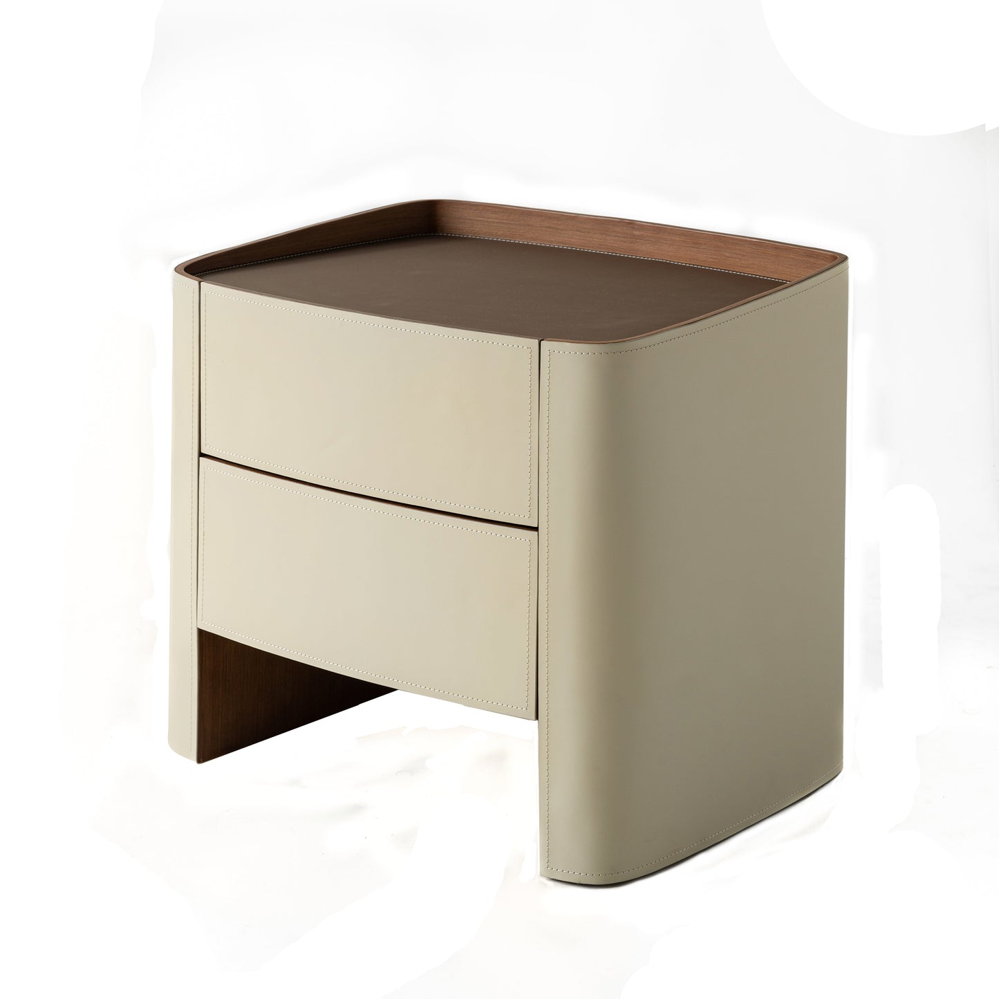 Modern Luxury Beige Nightstand: Floating Design & Saddle Leather Finish - Double Drawer Bedside Table For Bedroom