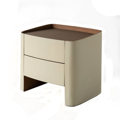Modern Luxury Beige Nightstand: Floating Design & Saddle Leather Finish - Double Drawer Bedside Table For Bedroom