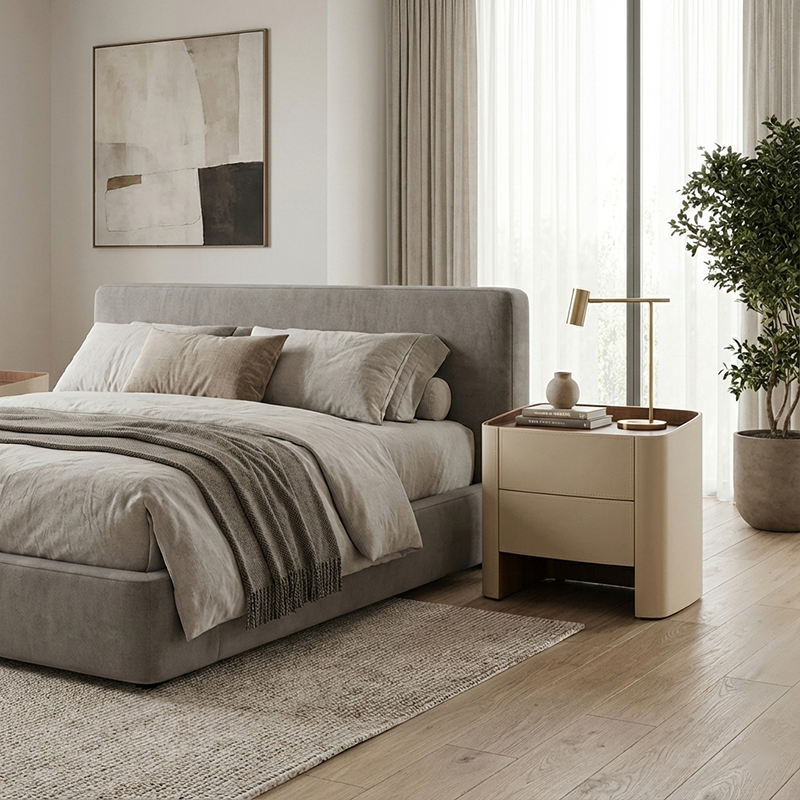 Modern Luxury Beige Nightstand: Floating Design & Saddle Leather Finish - Double Drawer Bedside Table For Bedroom