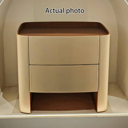 Modern Luxury Beige Nightstand: Floating Design & Saddle Leather Finish - Double Drawer Bedside Table For Bedroom