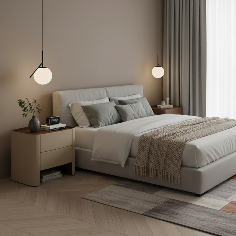 Modern Luxury Beige Nightstand: Floating Design & Saddle Leather Finish - Double Drawer Bedside Table For Bedroom