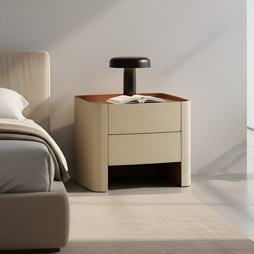 Modern Luxury Beige Nightstand: Floating Design & Saddle Leather Finish - Double Drawer Bedside Table For Bedroom