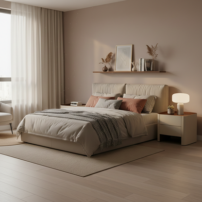 Modern Luxury Beige Nightstand: Floating Design & Saddle Leather Finish - Double Drawer Bedside Table For Bedroom