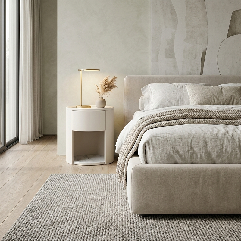 Modern Luxury White Nightstand: White Stone Slab Tabletop - Single Drawer Bedside Table For Bedroom