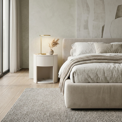 Modern Luxury White Nightstand: White Stone Slab Tabletop - Single Drawer Bedside Table For Bedroom