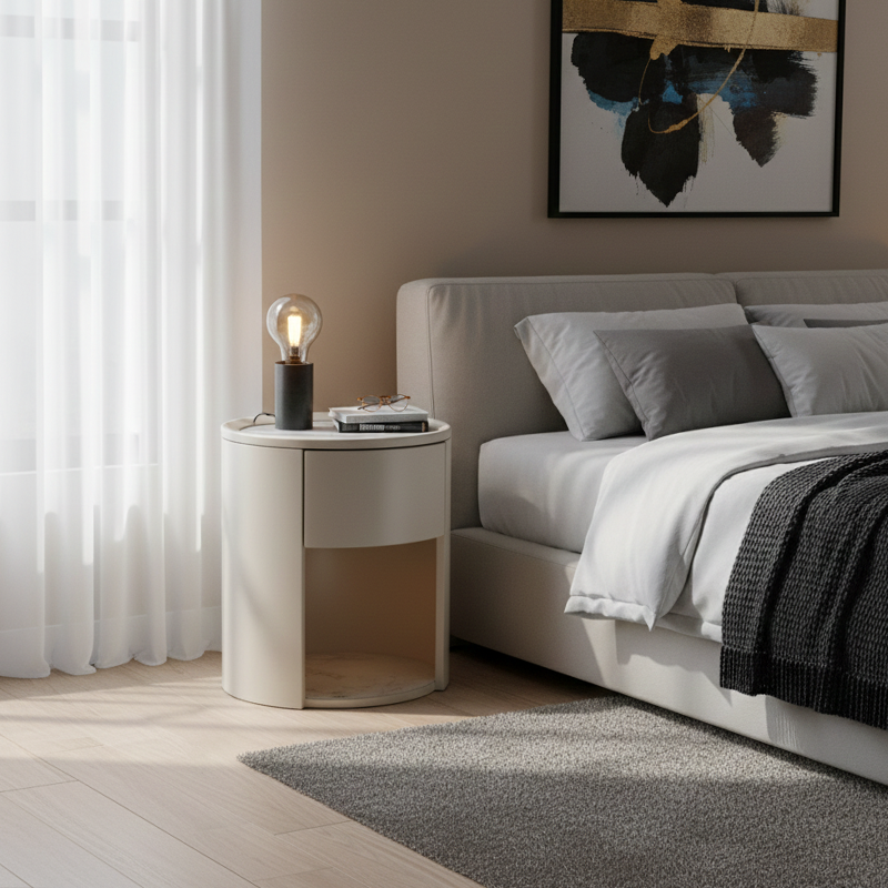 Modern Luxury White Nightstand: White Stone Slab Tabletop - Single Drawer Bedside Table For Bedroom