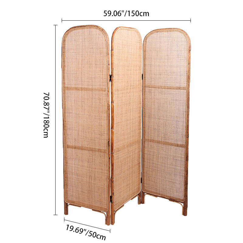 Traditional Chinese Wood Color Three-Panel Screen: Natural Indonesian Rattan - Handwoven Room Divider For Living Room