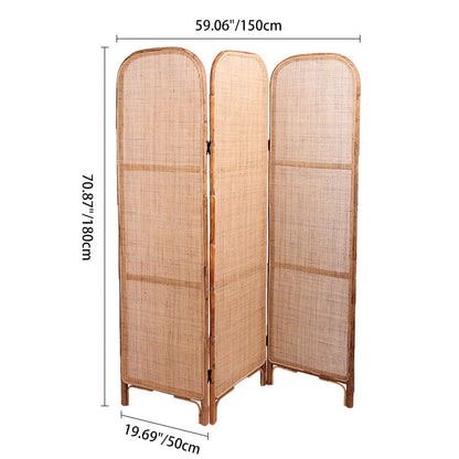 Traditional Chinese Wood Color Three-Panel Screen: Natural Indonesian Rattan - Handwoven Room Divider For Living Room