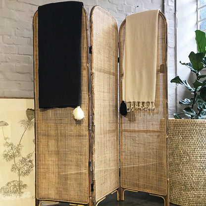 Traditional Chinese Wood Color Three-Panel Screen: Natural Indonesian Rattan - Handwoven Room Divider For Living Room