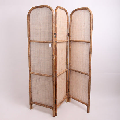 Traditional Chinese Wood Color Three-Panel Screen: Natural Indonesian Rattan - Handwoven Room Divider For Living Room