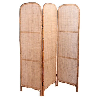 Traditional Chinese Wood Color Three-Panel Screen: Natural Indonesian Rattan - Handwoven Room Divider For Living Room