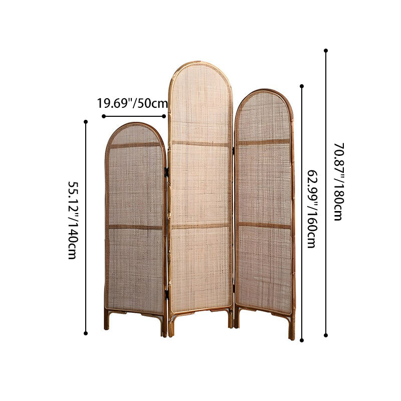 Traditional Chinese Wood Color Three-Panel Screen: Natural Indonesian Rattan & Handwoven - Asymmetrical Tiered Design Room Divider For Living Room