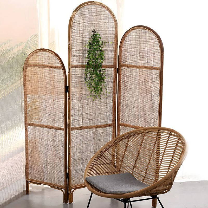 Traditional Chinese Wood Color Three-Panel Screen: Natural Indonesian Rattan & Handwoven - Asymmetrical Tiered Design Room Divider For Living Room