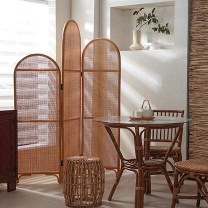 Traditional Chinese Wood Color Three-Panel Screen: Natural Indonesian Rattan & Handwoven - Asymmetrical Tiered Design Room Divider For Living Room