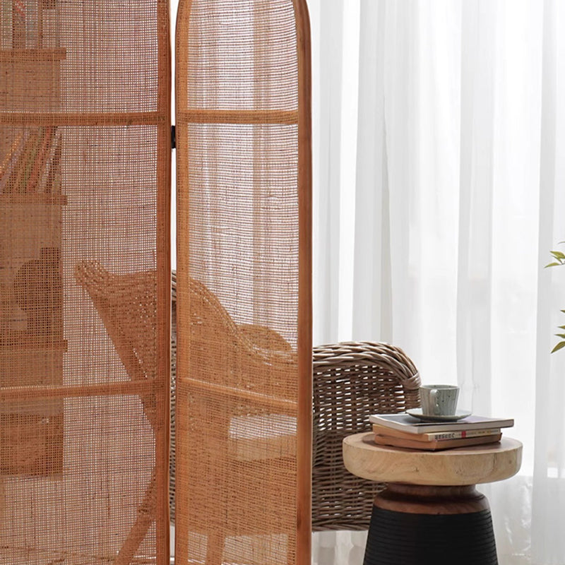 Traditional Chinese Wood Color Three-Panel Screen: Natural Indonesian Rattan & Handwoven - Asymmetrical Tiered Design Room Divider For Living Room