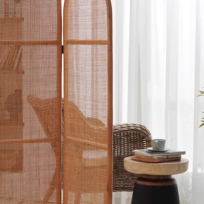 Traditional Chinese Wood Color Three-Panel Screen: Natural Indonesian Rattan & Handwoven - Asymmetrical Tiered Design Room Divider For Living Room