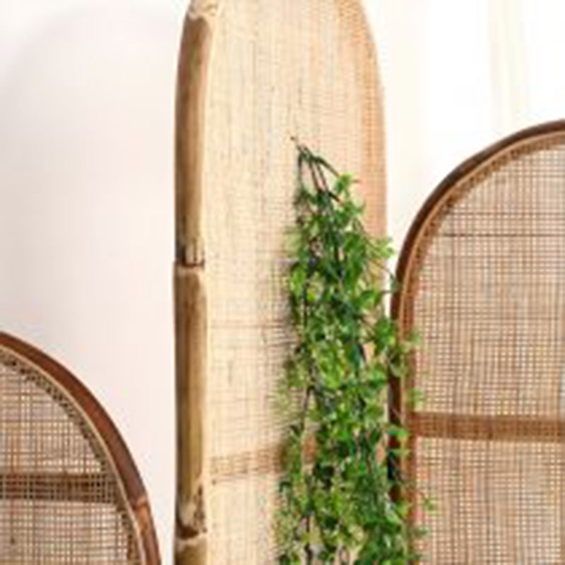 Traditional Chinese Wood Color Three-Panel Screen: Natural Indonesian Rattan & Handwoven - Asymmetrical Tiered Design Room Divider For Living Room