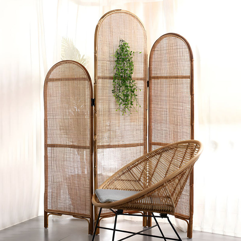 Traditional Chinese Wood Color Three-Panel Screen: Natural Indonesian Rattan & Handwoven - Asymmetrical Tiered Design Room Divider For Living Room
