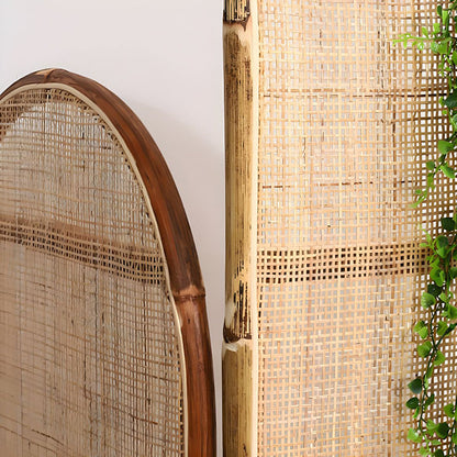 Traditional Chinese Wood Color Three-Panel Screen: Natural Indonesian Rattan & Handwoven - Asymmetrical Tiered Design Room Divider For Living Room