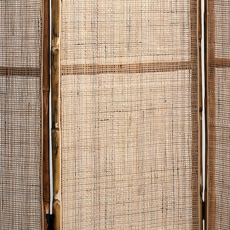 Traditional Chinese Wood Color Three-Panel Screen: Natural Indonesian Rattan & Handwoven - Asymmetrical Tiered Design Room Divider For Living Room