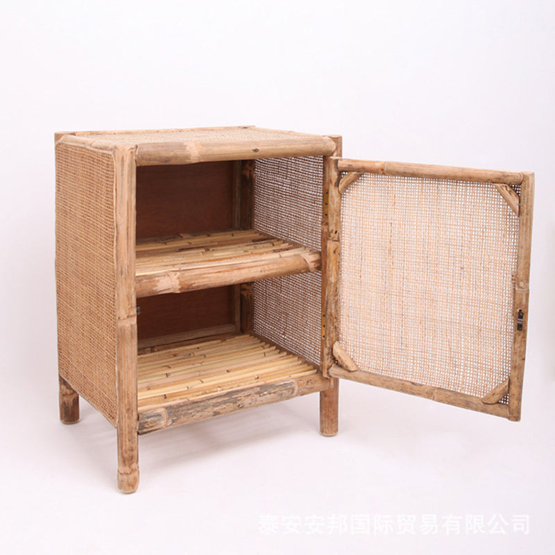 Traditional Chinese Wood Color Storage Cabinet: Natural Indonesian Rattan & Handwoven - Single-Cabinet Storage Sideboard For Living Room