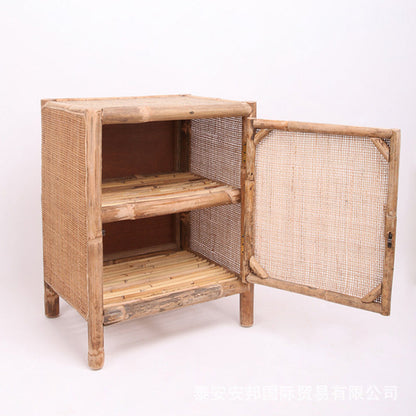 Traditional Chinese Wood Color Storage Cabinet: Natural Indonesian Rattan & Handwoven - Single-Cabinet Storage Sideboard For Living Room