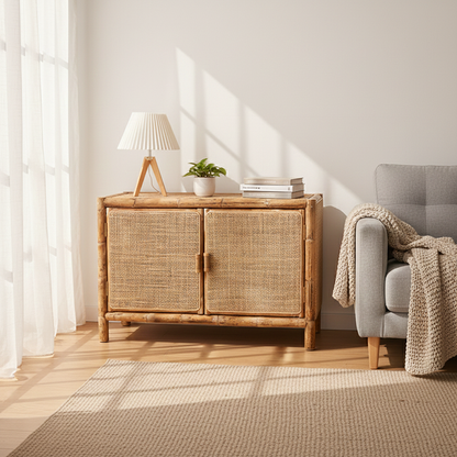 Traditional Chinese Rectangular Storage Cabinet: Natural Indonesian Rattan & Handwoven - Large Capacity Storage Sideboard For Living Room