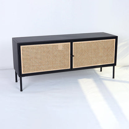 Traditional Vintage Rectangular Iron Storage Cabinet: Natural Indonesian Rattan & Handwoven - 1-Cabinet Large Capacity Sideboard For Living Room
